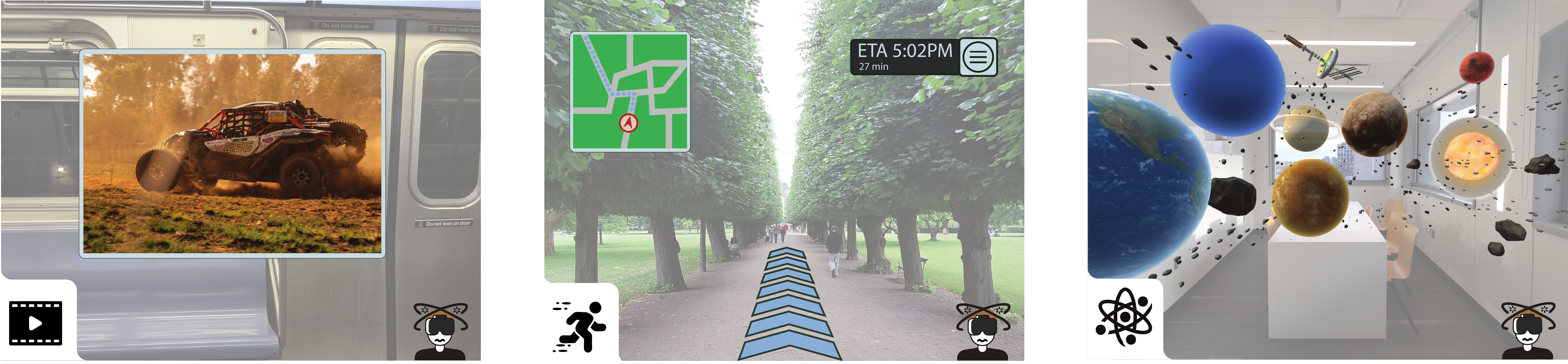 Three AR scenarios with virtual motion: watching a movie, viewing a static UI while walking, and exploring an educational simulation.