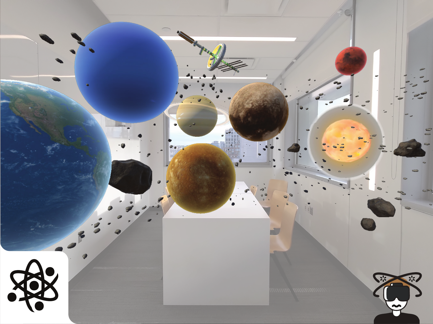 Two AR scenarios with virtual motion: viewing a static UI while walking and exploring an educational simulation.